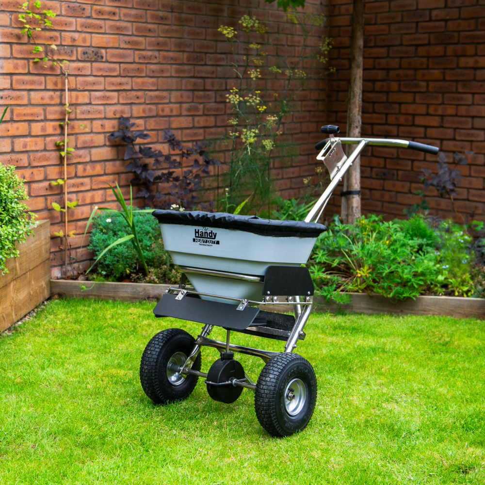 The Handy THS70SALTHDUTY 31.75kg Stainless Steel Heavy-Duty Push Broadcast Spreader