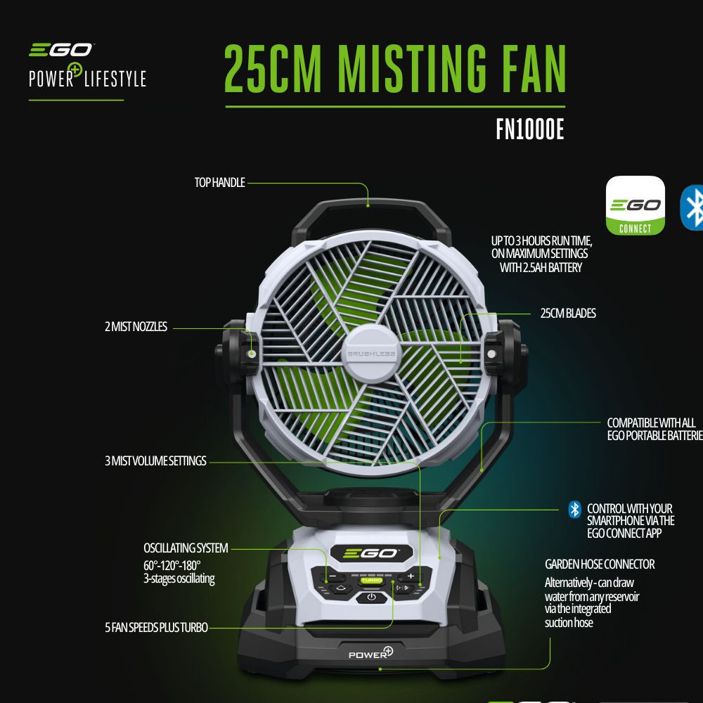 EGO Power+ FN1000E-K1252 25cm 56V Cordless Misting Fan (with 2.5Ah Battery & Charger)