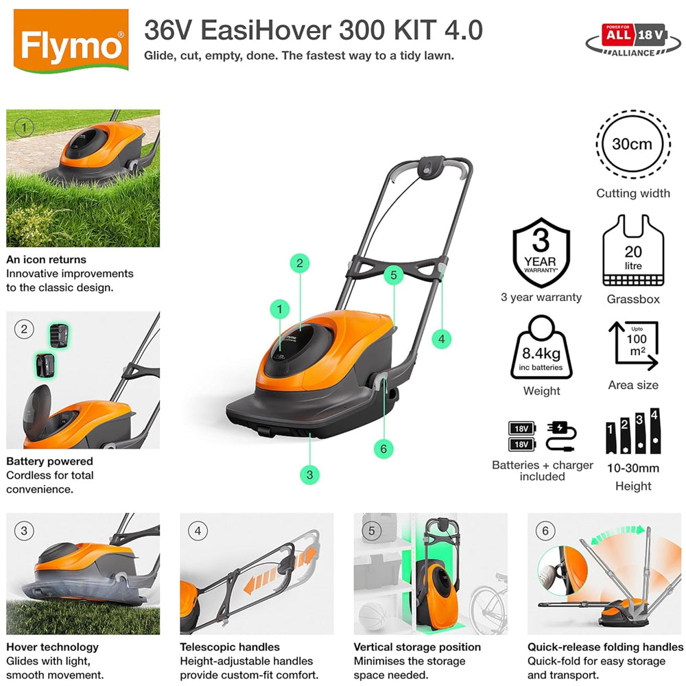 Flymo EasiHover 300 36V (18V+18V) Cordless Hover Mower (with 2 x 4Ah Batteries & Charger)