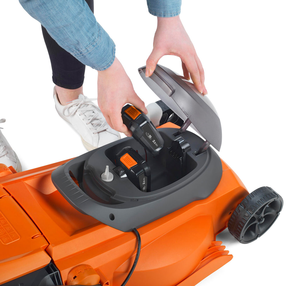 Flymo EasiStore 340R 36V Push Cordless Lawn Mower with Rear Roller (with 2 x 2.0Ah 18V Batteries & Chargers)