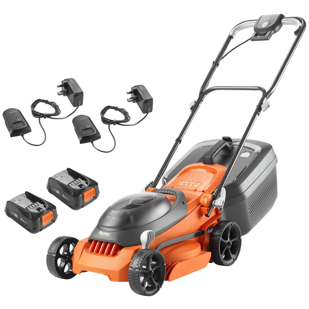 Flymo EasiStore 340R 36V Push Cordless Lawn Mower with Rear Roller (with 2 x 2.0Ah 18V Batteries & Chargers)