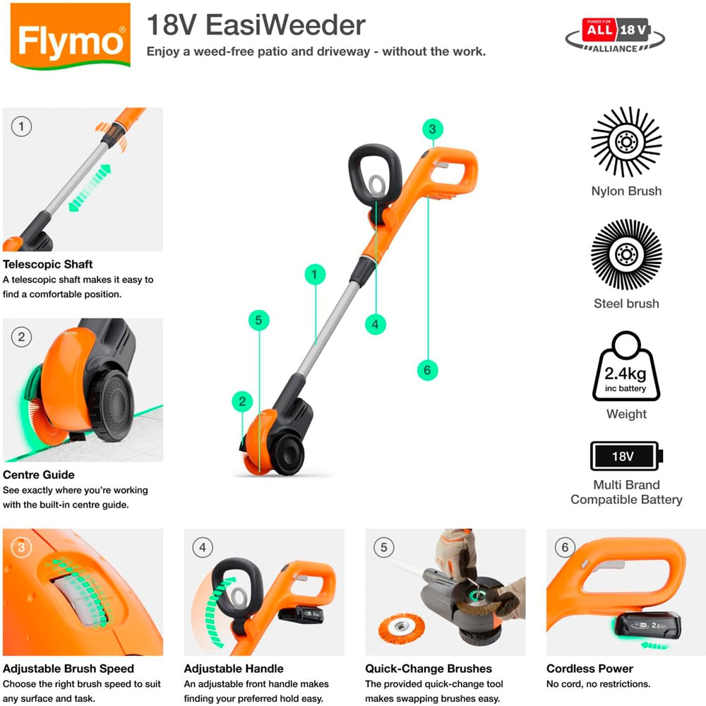 Flymo EasiWeeder 18V Cordless Weed Brush (with 2.5Ah Battery & Charger)