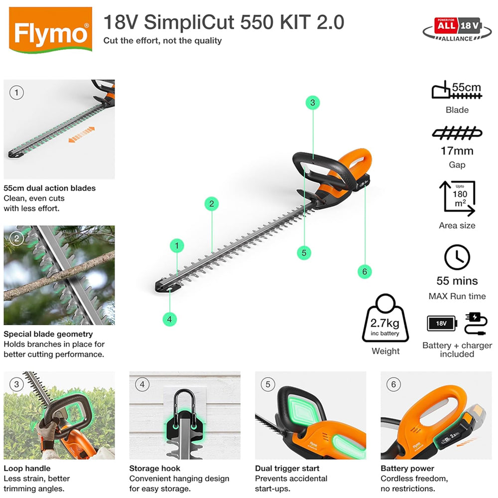 Flymo SimpliCut 550 18V Cordless Hedge Trimmer (with 2.0Ah Battery & Charger)