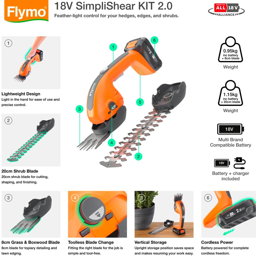 Flymo SimpliShear 18V 2-in-1 Grass / Shrub Shears (with 2.0Ah Battery & Charger)