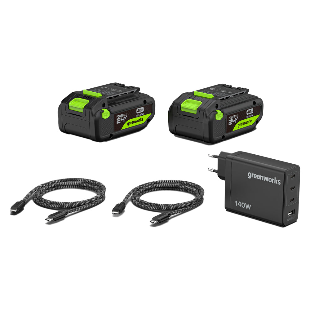 GreenWorks BL48L421-01 48V (24V+24V) Cordless Blower Vacuum (with 2 x HP 4AH Batteries, 140W USB Charger & 2 x 140W Cables )