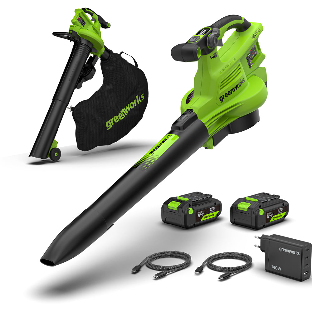 GreenWorks BL48L421-01 48V (24V+24V) Cordless Blower Vacuum (with 2 x HP 4AH Batteries, 140W USB Charger & 2 x 140W Cables )