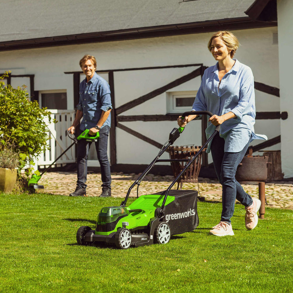 GreenWorks G24X2LM36K2X 3-in-1 36cm 48V Push Cordless Lawn Mower (with 2 x 2Ah 24V Batteries & Twin Charger)