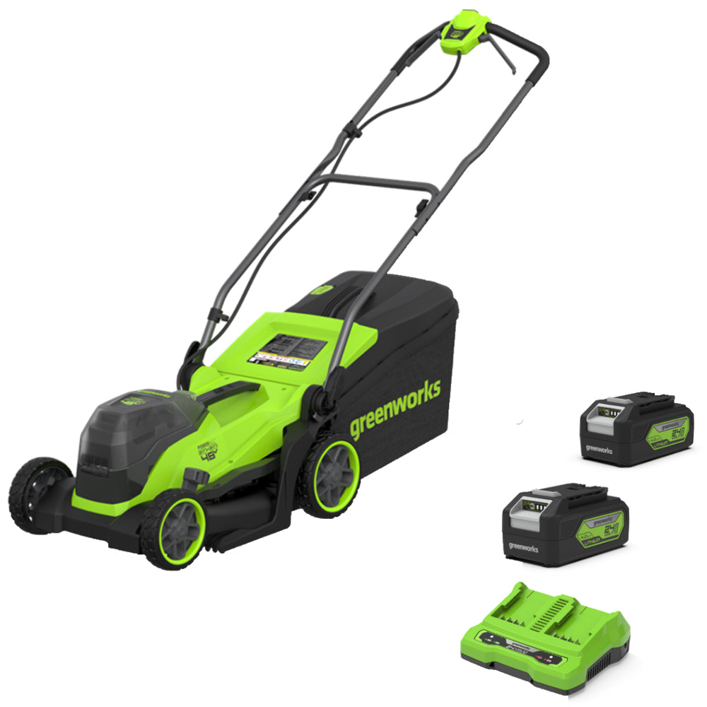 GreenWorks MO48L421-01 3-in-1 36cm Push 48V (24V+24V) Cordless Lawn Mower (with 2 x 4Ah 24V Batteries & 4A Twin Charger)