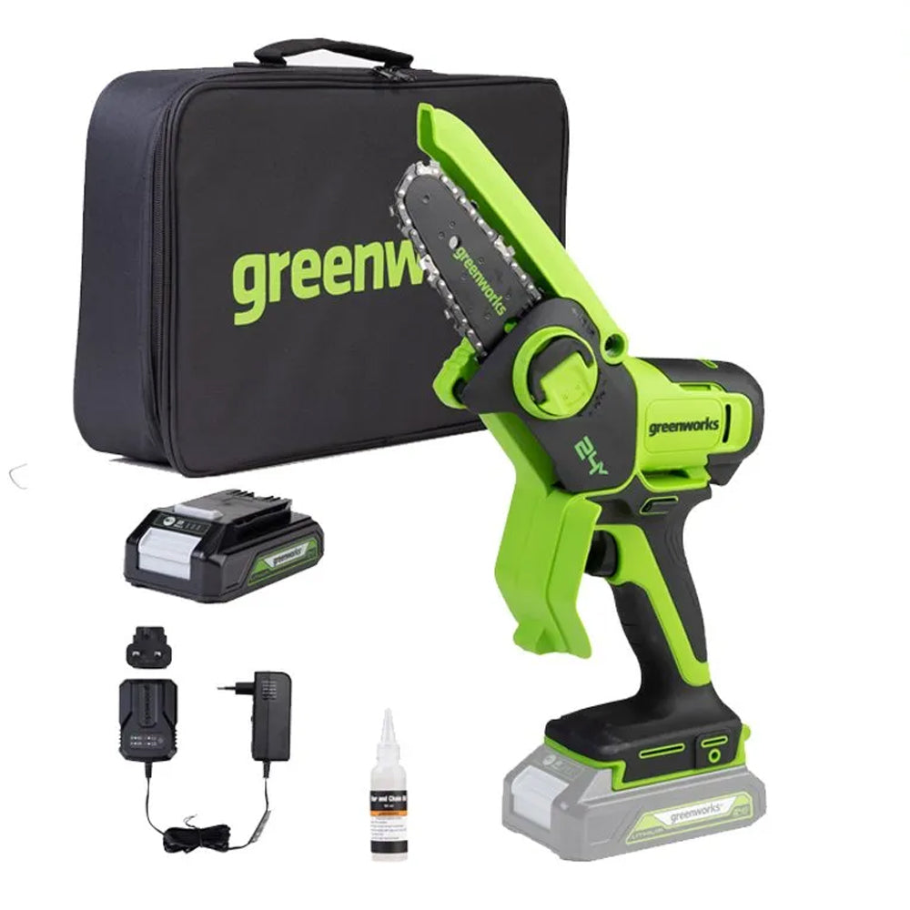 GreenWorks G24MCS10K2 24V Cordless Mini Pruning Chainsaw (with 2Ah Battery & 2A Charger)