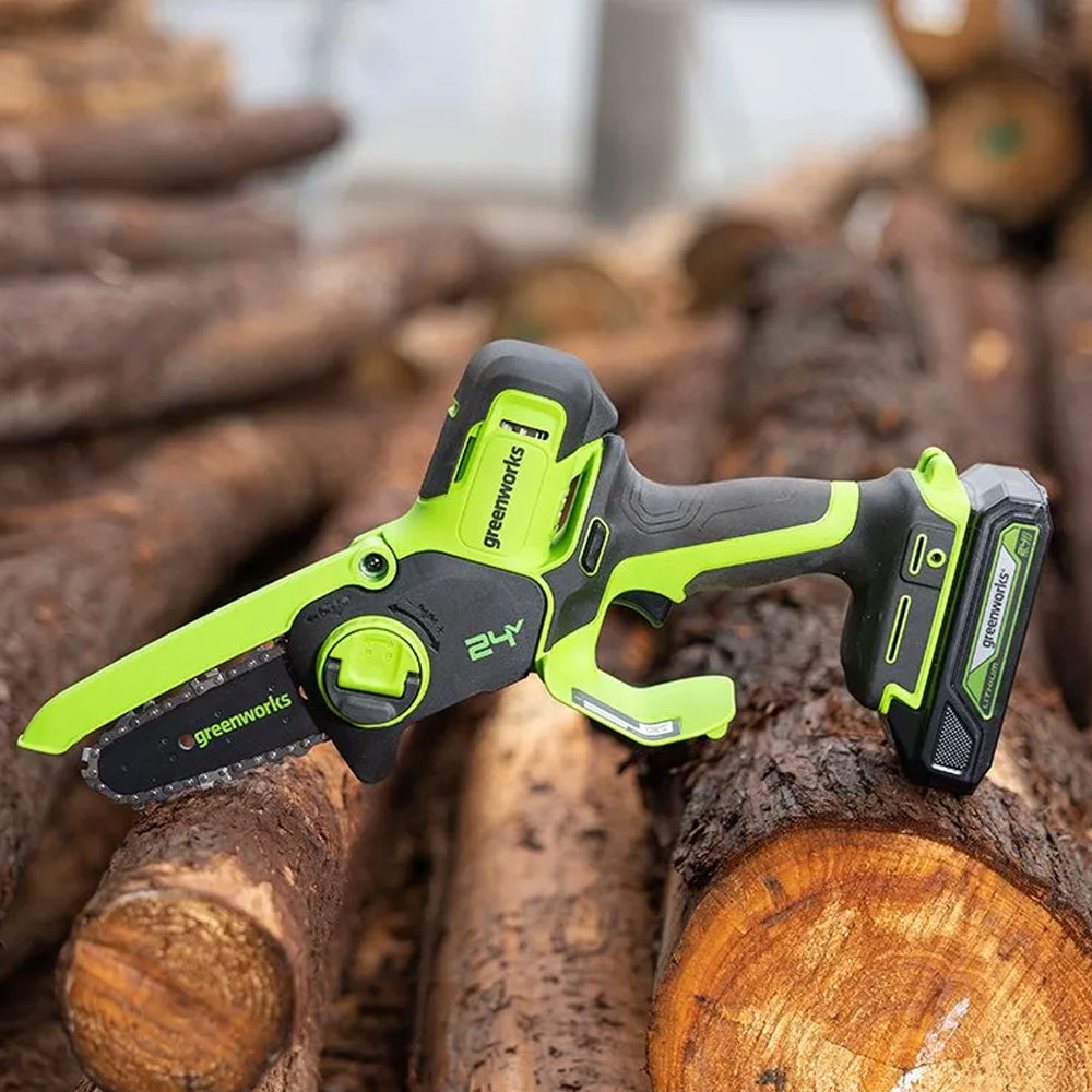 GreenWorks G24MCS10K2 24V Cordless Mini Pruning Chainsaw (with 2Ah Battery & 2A Charger)
