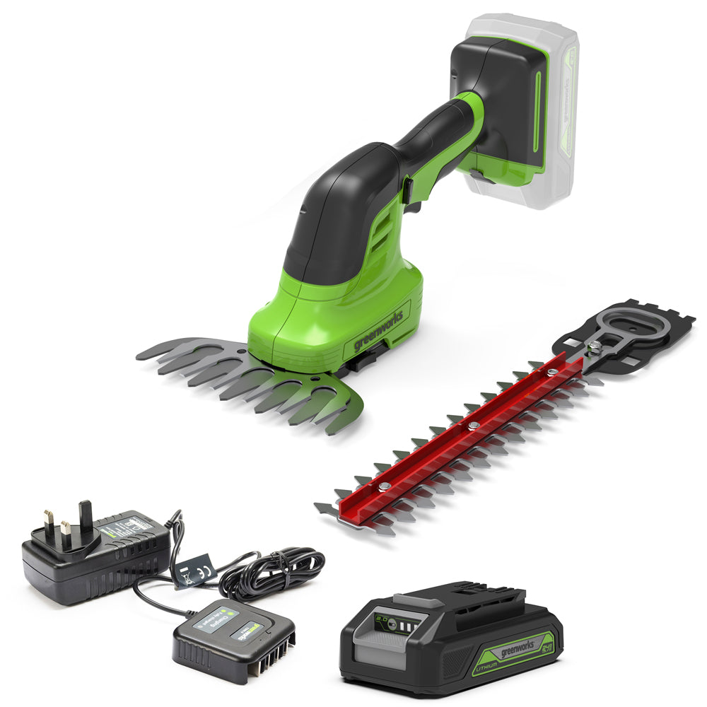 GreenWorks G24SHT 2-in-1 24V Cordless Grass Shrub Shear (with 2.0Ah Battery & 0.5Ah Micro Charger)