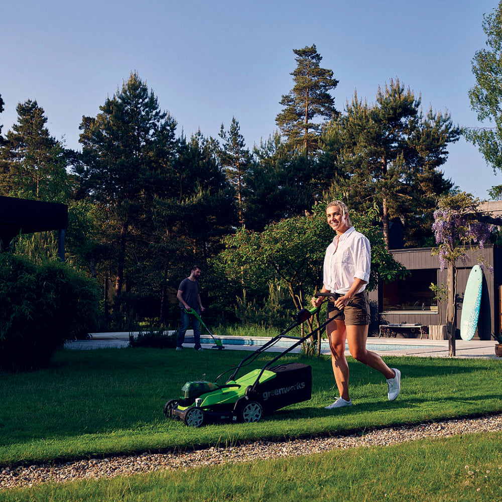 GreenWorks G24X2LM36K2X 3-in-1 36cm 48V Push Cordless Lawn Mower (with 2 x 2Ah 24V Batteries & Twin Charger)