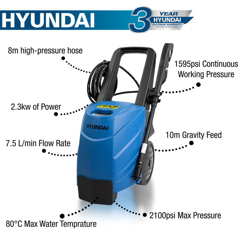 Hyundai HY145HPW-1 2100psi 80°C 2.3kW Electric Hot & Cold Pressure Washer