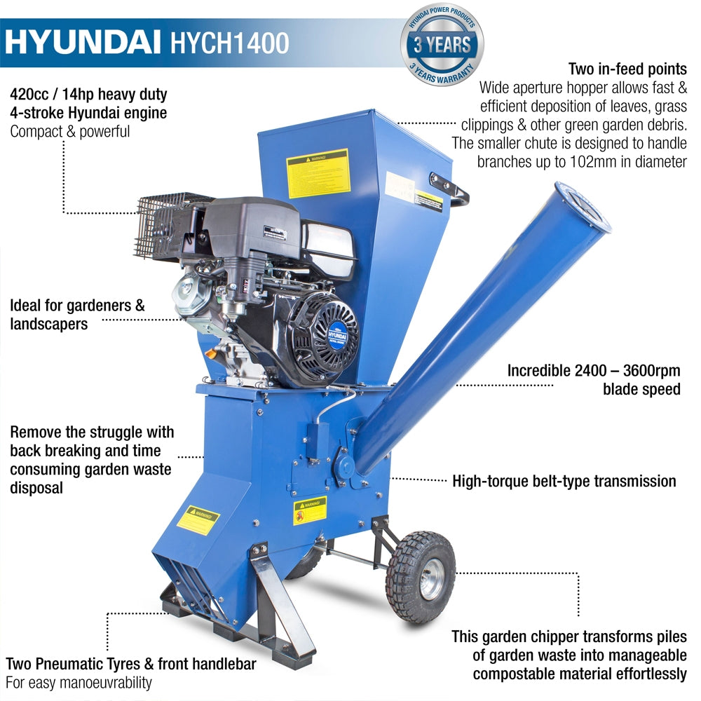 Hyundai HYCH1400 10.2cm Petrol Wood Chipper Shredder