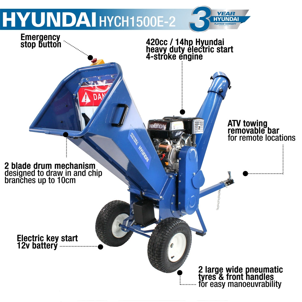 Hyundai HYCH1500E-2 10cm Towable Petrol Wood Chipper (Electric Start)