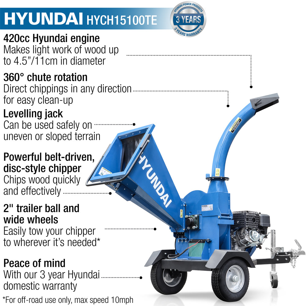 Hyundai HYCH15100TE 11cm Towable Petrol Wood Chipper (Electric Start)
