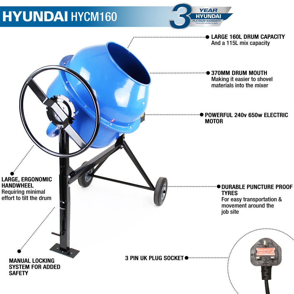 Hyundai HYCM160E 160 Litre Portable 650W Electric Cement / Concrete Mixer