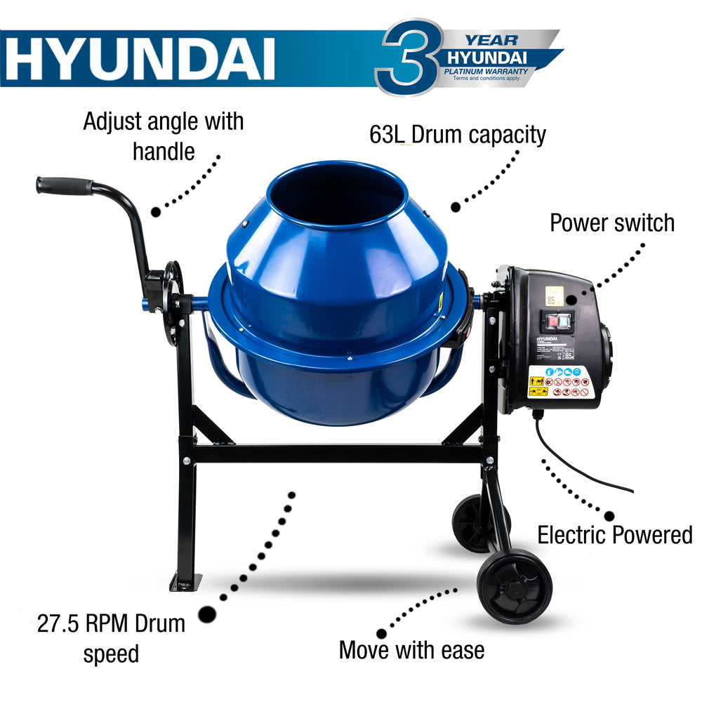 Hyundai HYCM63E 63 Litre Portable 220W Electric Cement / Concrete Mixer