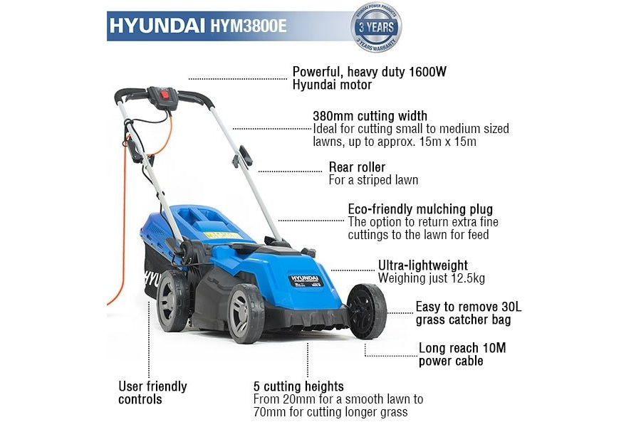 Hyundai HYM3800E 38cm 1600W Electric Mulching Lawn Mower with Rear Roller