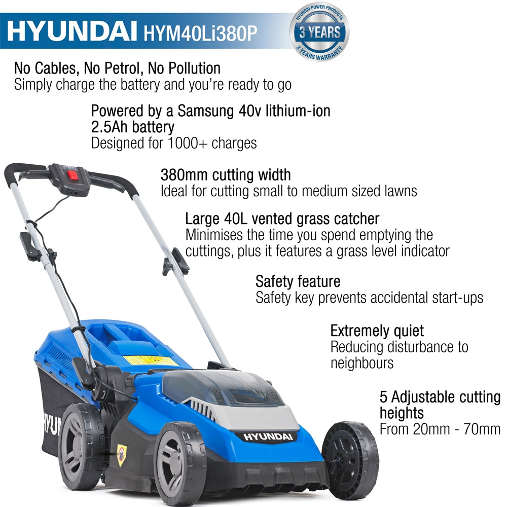 Hyundai HYM40Li380P 40V Push Cordless Lawn Mower with Rear Roller (with 2.5Ah Battery & Charger)