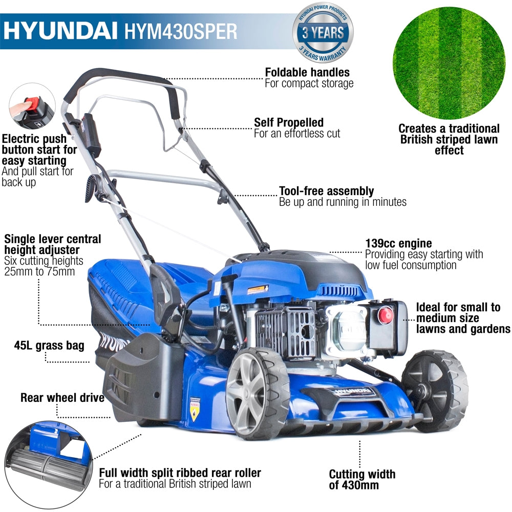 Hyundai HYM430SPER Self-Propelled Rear Roller Petrol Lawn Mower (Electric Start)