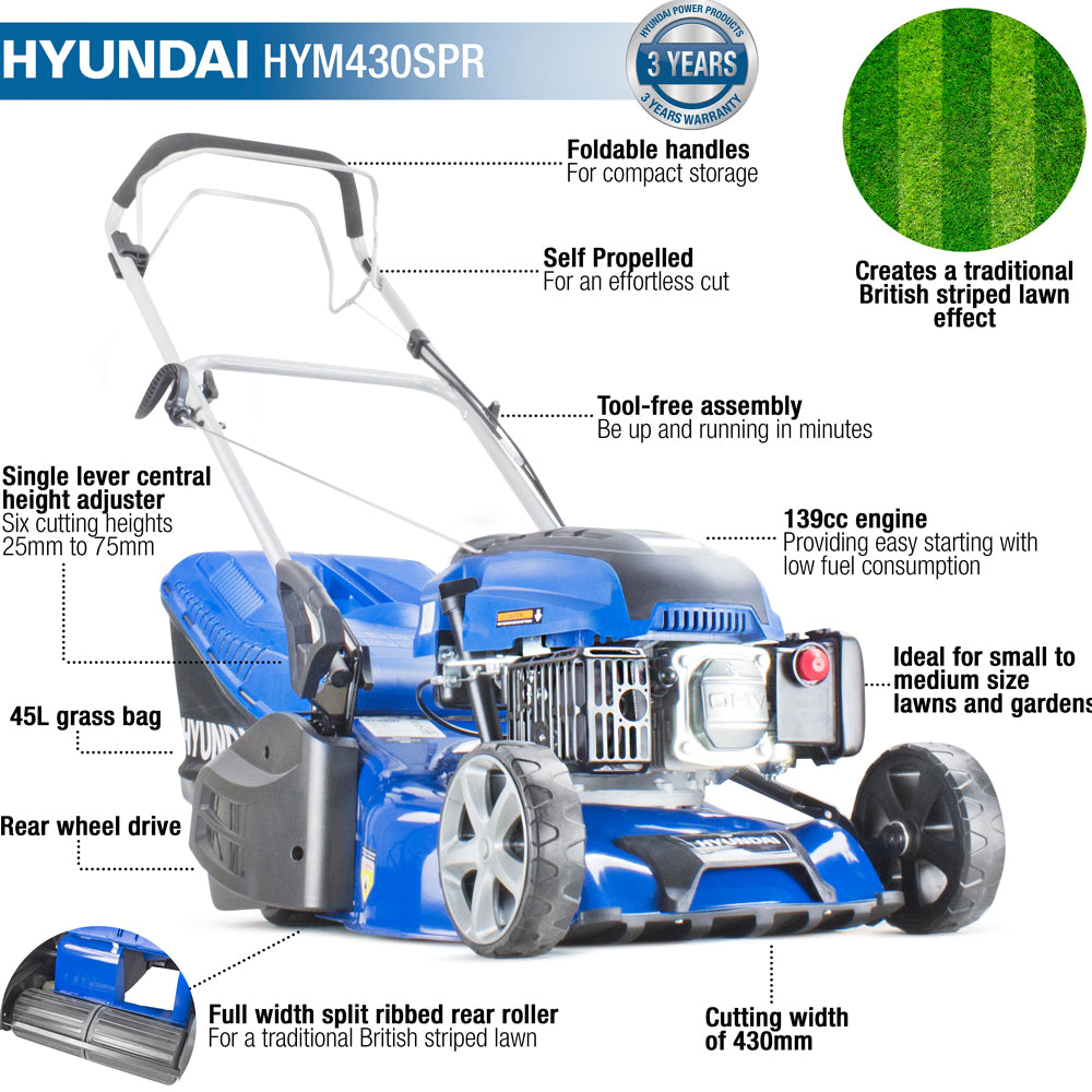 Hyundai HYM430SPR Self-Propelled Rear Roller Petrol Lawn Mower