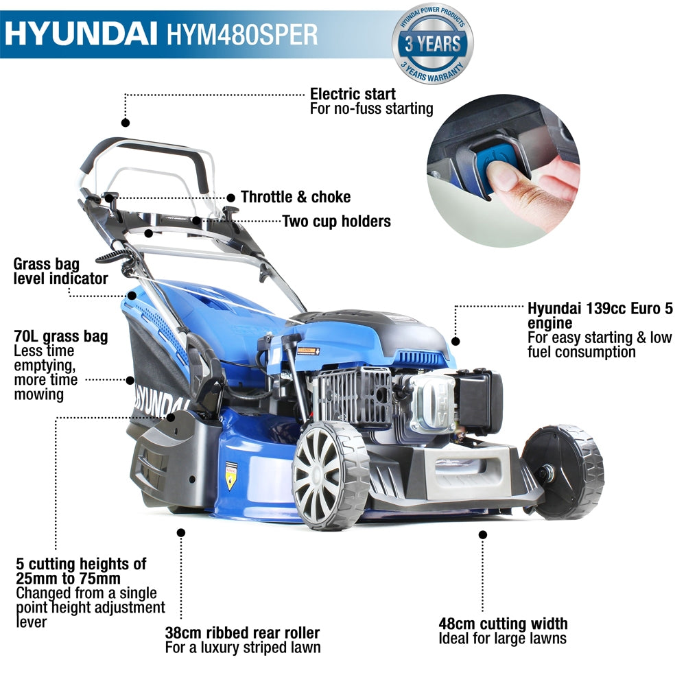 Hyundai HYM480SPER Self-Propelled Rear Roller Petrol Lawn Mower (Electric Start)