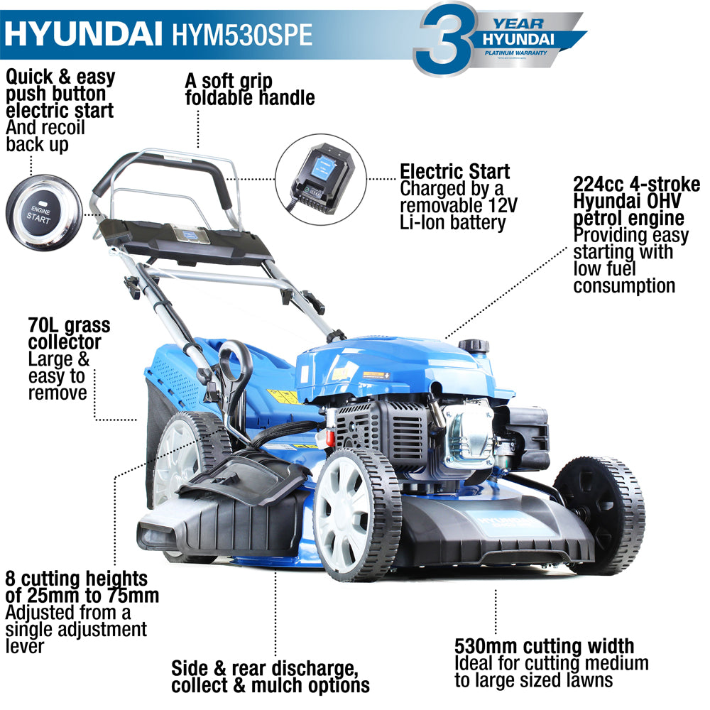 Hyundai HYM530SPE 53cm 224cc 4-in-1 Self-Propelled Petrol Lawn Mower (Electric Start)