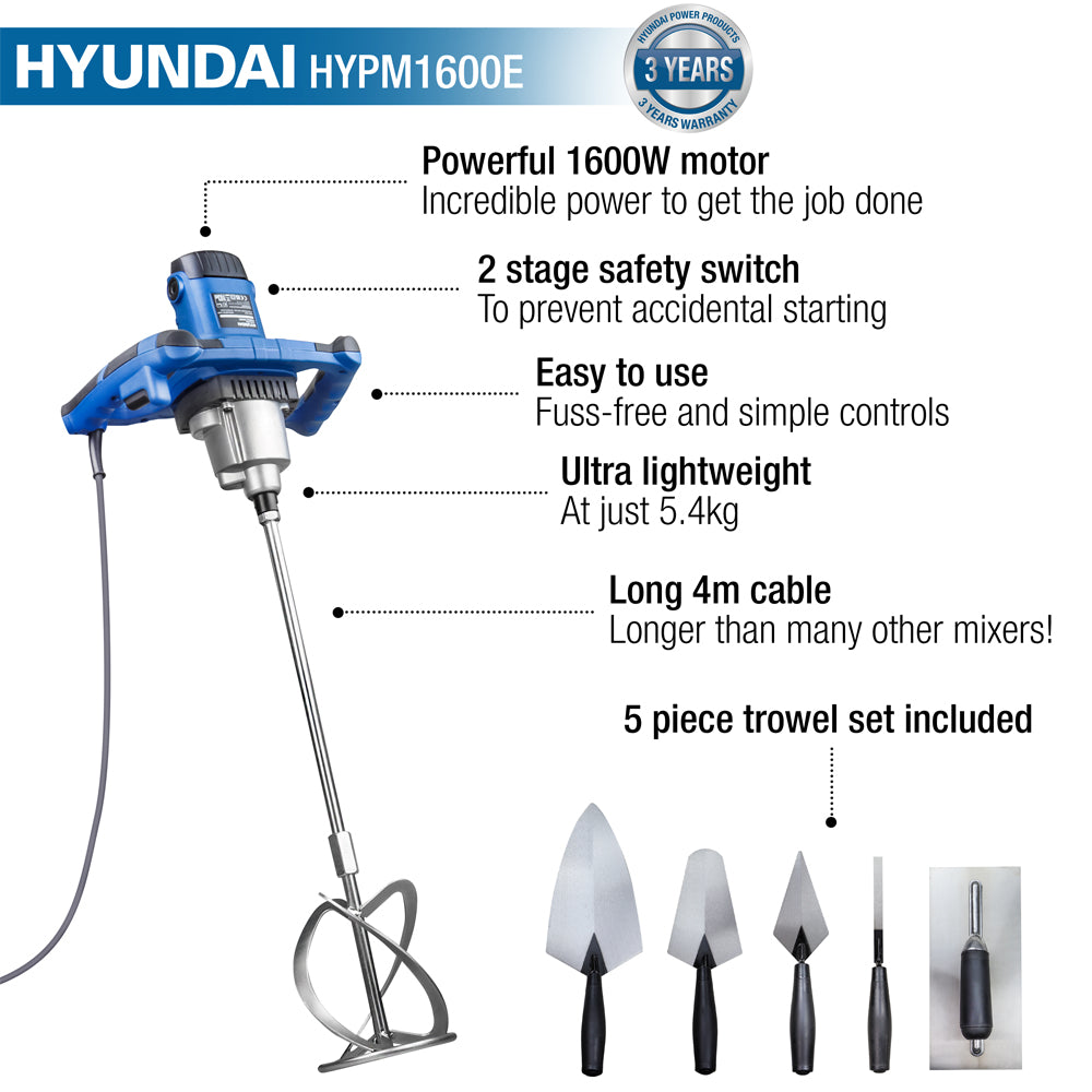 Hyundai HYPM1600E 1600W Electric Paddle Mixer with 5-Piece Trowel Set