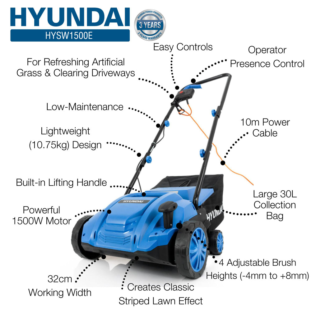 Hyundai HYSW1500E 1500W 32cm Electric Artificial Grass Sweeper / Lawn Brush