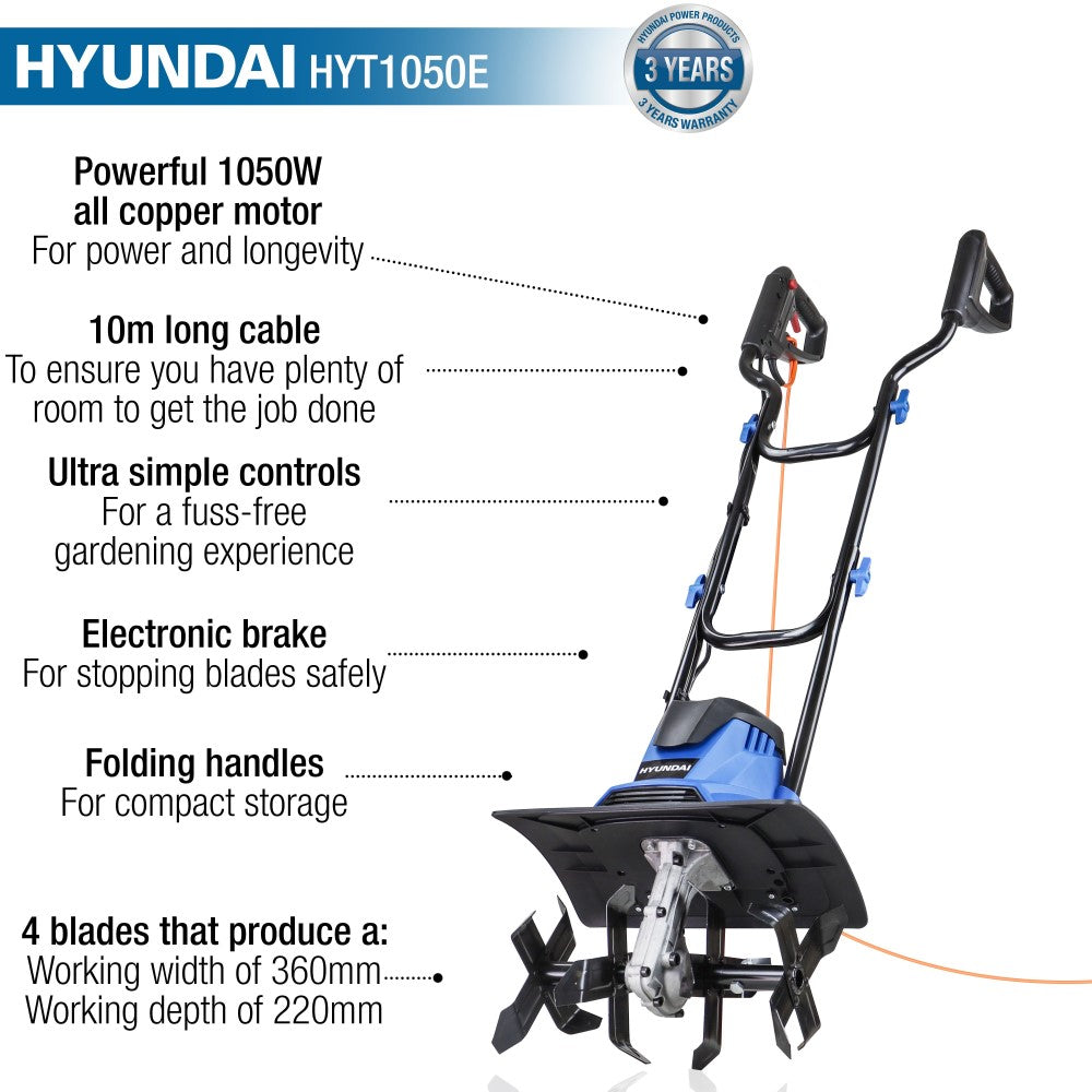 Hyundai HYT1050E 36cm 1050W Electric Garden Tiller