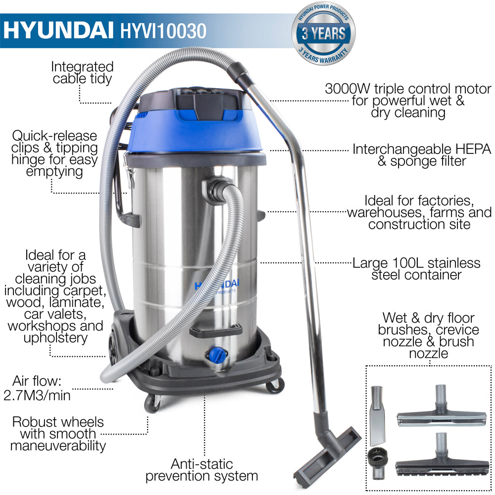 Hyundai HYVI10030 3000W 3-in-1 Wet & Dry Vacuum Cleaner