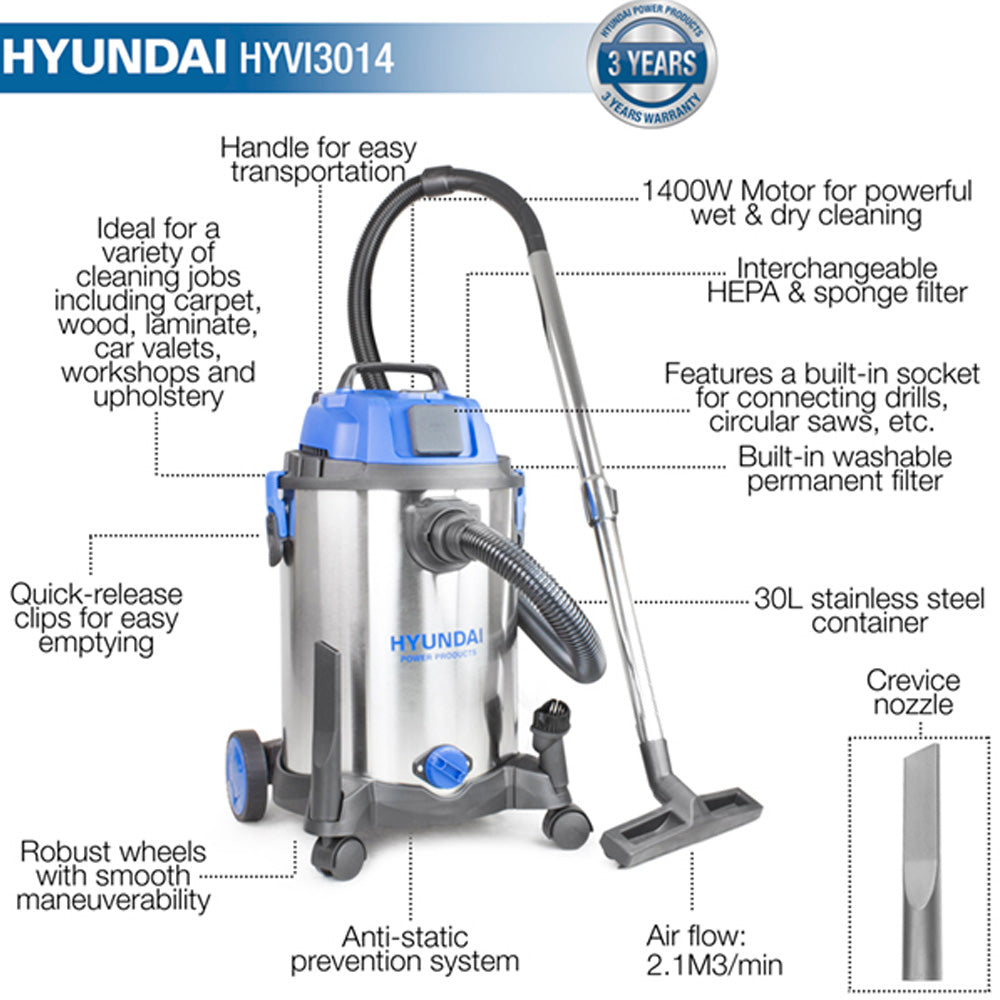 Hyundai HYVI3014 1400W 3-in-1 Wet & Dry Vacuum Cleaner