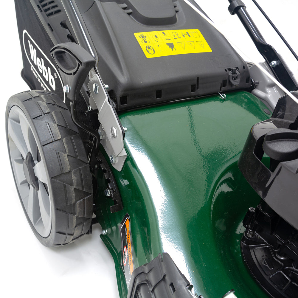 Webb WER21HW4 Supreme 4-in-1 Hi-Wheel Self-Propelled Petrol Lawn Mower with 4-Swing Tip Blade