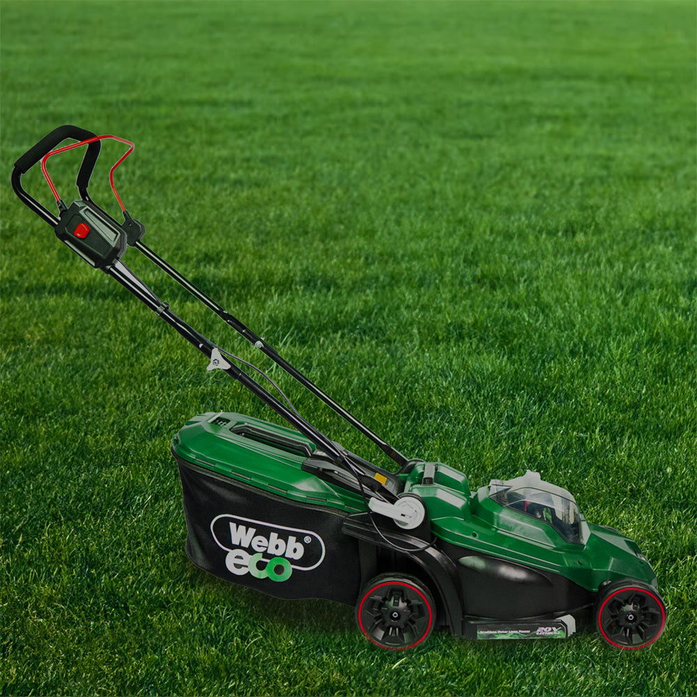 Webb Eco WEV20LM33LT25B4 20V Cordless Push Lawn Mower & WEV20LT Line Trimmer Twin Pack (with 4Ah Battery & Charger)