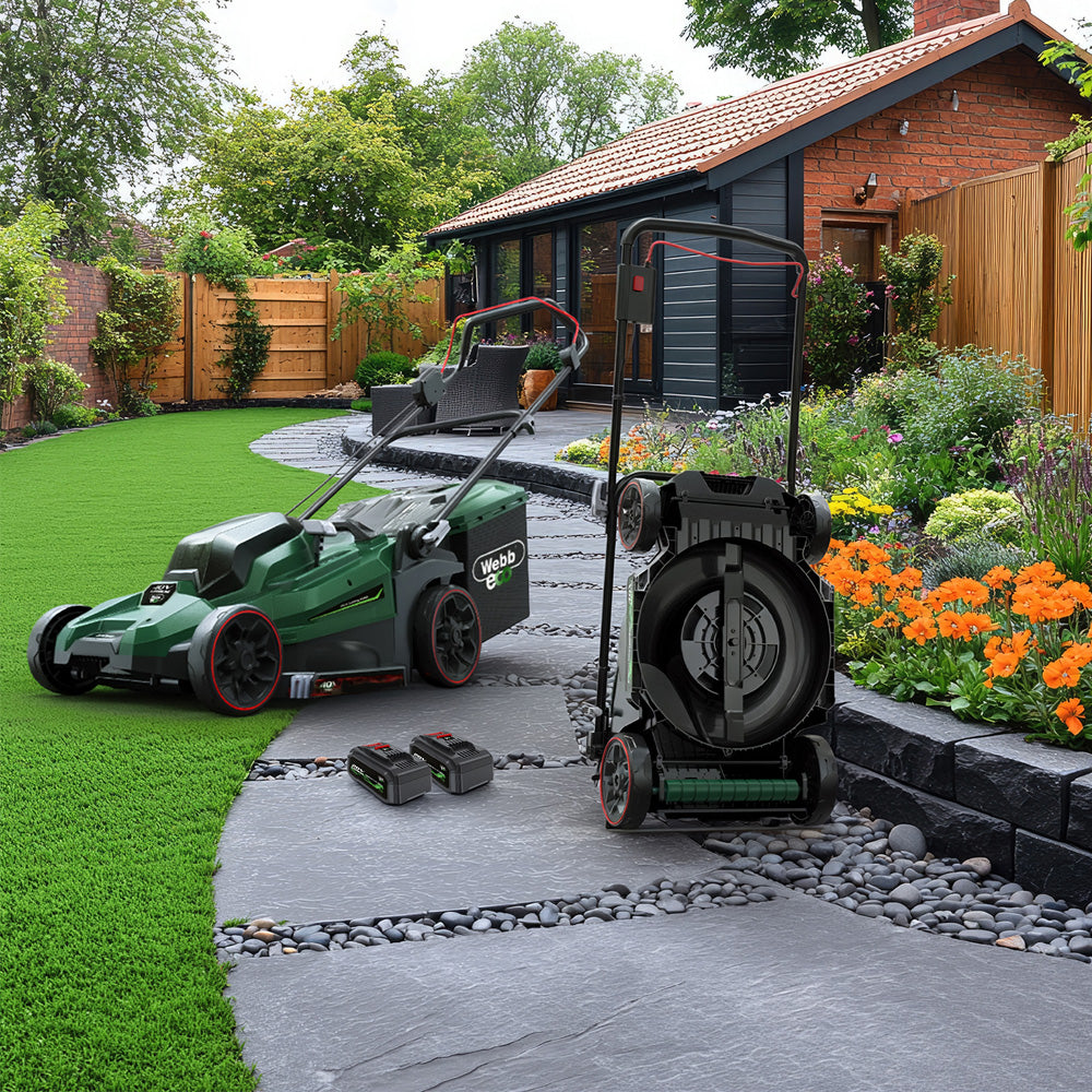 Webb Eco WEV20X2LM38RRB4 X-Series 40V (20V+20V) Push Rear Roller Cordless Lawn Mower (with 2 x 4Ah Batteries & Twin Charger)
