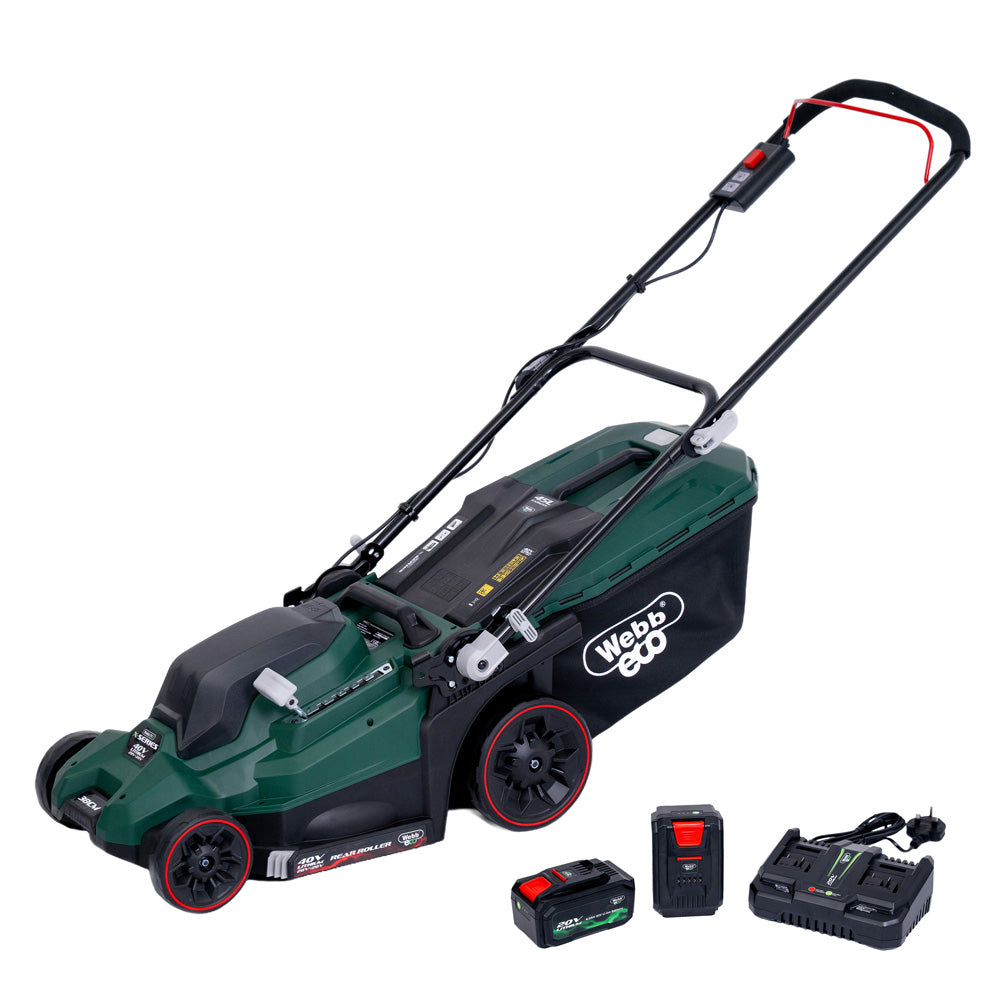 Webb Eco WEV20X2LM38RRB4 X-Series 40V (20V+20V) Push Rear Roller Cordless Lawn Mower (with 2 x 4Ah Batteries & Twin Charger)