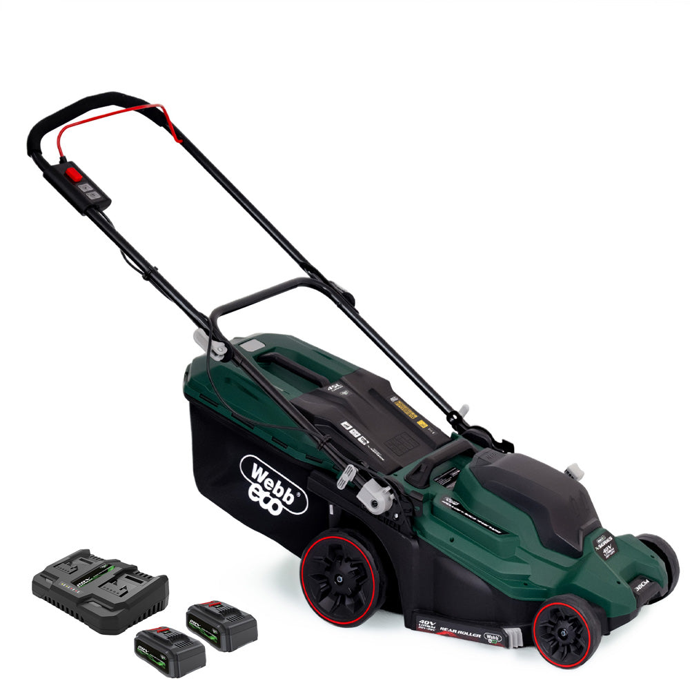 Webb Eco WEV20X2LM38RRB4 X-Series 40V (20V+20V) Push Rear Roller Cordless Lawn Mower (with 2 x 4Ah Batteries & Twin Charger)