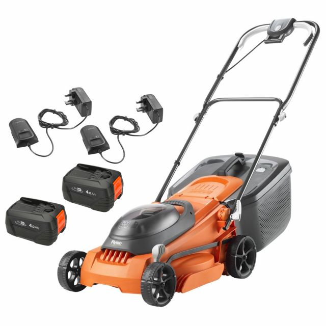 Flymo EasiStore 380R 36V Push Cordless Lawn Mower with Rear Roller (with 2 x 4.0Ah 18V Batteries & Chargers)