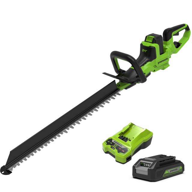 GreenWorks GD24HT61IIK2 61cm 24V Cordless Hedge Trimmer (with 2Ah Battery & 2A Charger)