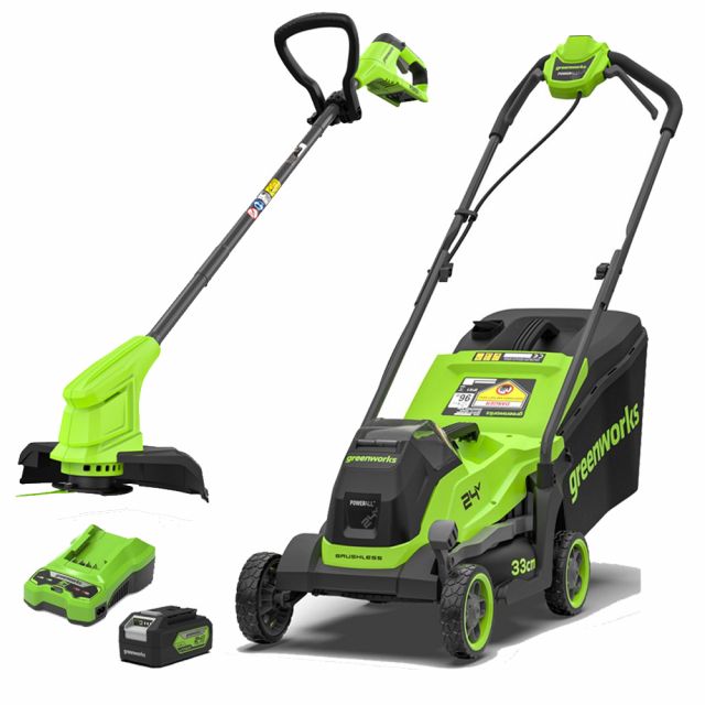 GreenWorks GD24LM33IIK4 33cm Push Lawn Mower + G24LT25II 25cm Grass Trimmer 24V Cordless Set (with 4Ah Battery & 2A Charger)