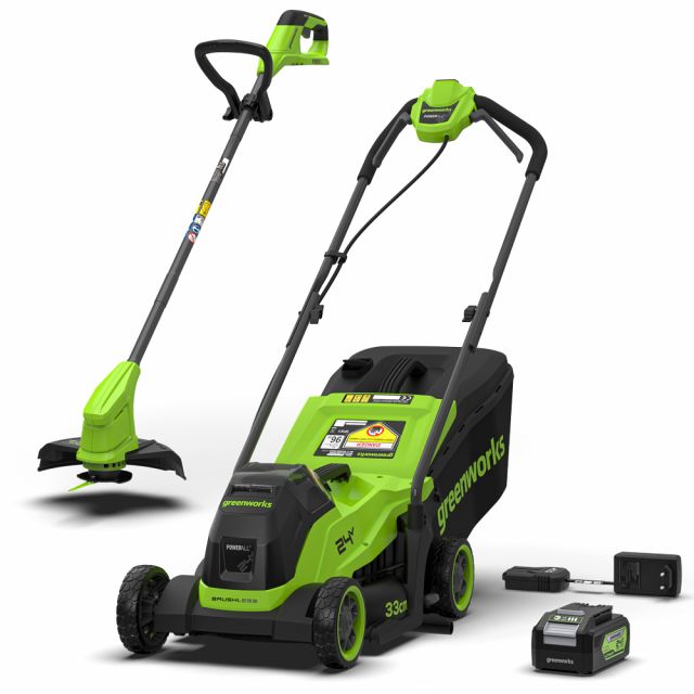 GreenWorks MTCK24B410-01 33cm Push Lawn Mower + 25cm Grass Trimmer 24V Cordless Combo Set (with 4Ah Battery & Charger)