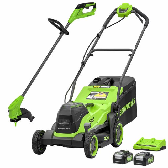 GreenWorks G24X2LM36KII4X 3-in-1 36cm 48V Lawn Mower & G24LT25II 25cm 24V Grass Trimmer Set (with 2 x 4Ah 24V Batteries & 4A Twin Charger)