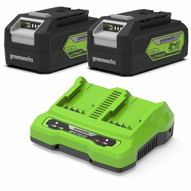GreenWorks G24SK24B4X 24V 2 x 4Ah Batteries & 2A Twin Port Lithium-Ion Battery Charger (BS Plug) Kit