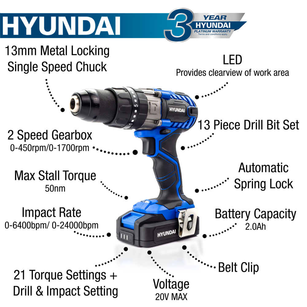 Hyundai HY2176 20V MAX Cordless Drill Driver & 13Piece Drill Accessory Set