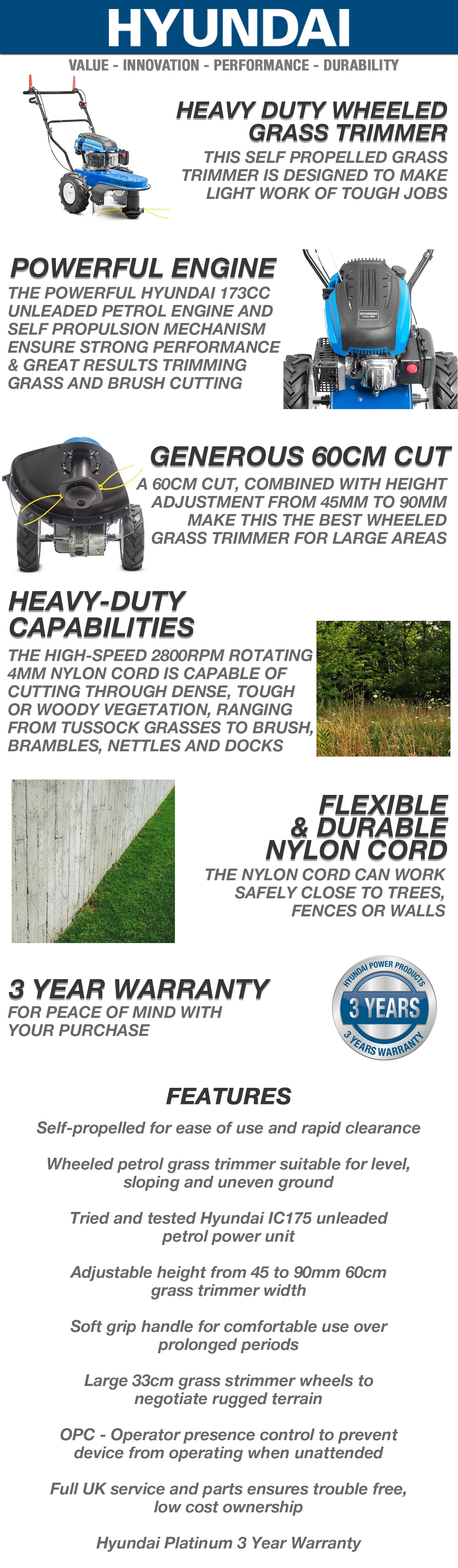 Hyundai HYFT60SP Heavy Duty SelfPropelled Wheeled Trimmer Mower